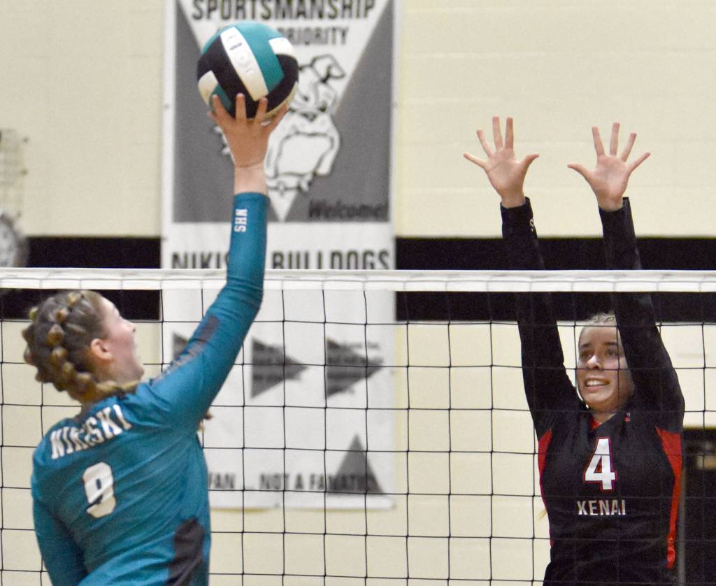 Nikiskis Ashlynne Playle attacks against Kenai Centrals Avia Miller on Saturday, Aug. 26, 2023, at the Shayna Pritchard Memorial Tournament at Nikiski Middle-High School in Nikiski, Alaska. (Photo by Jeff Helminiak/Peninsula Clarion)