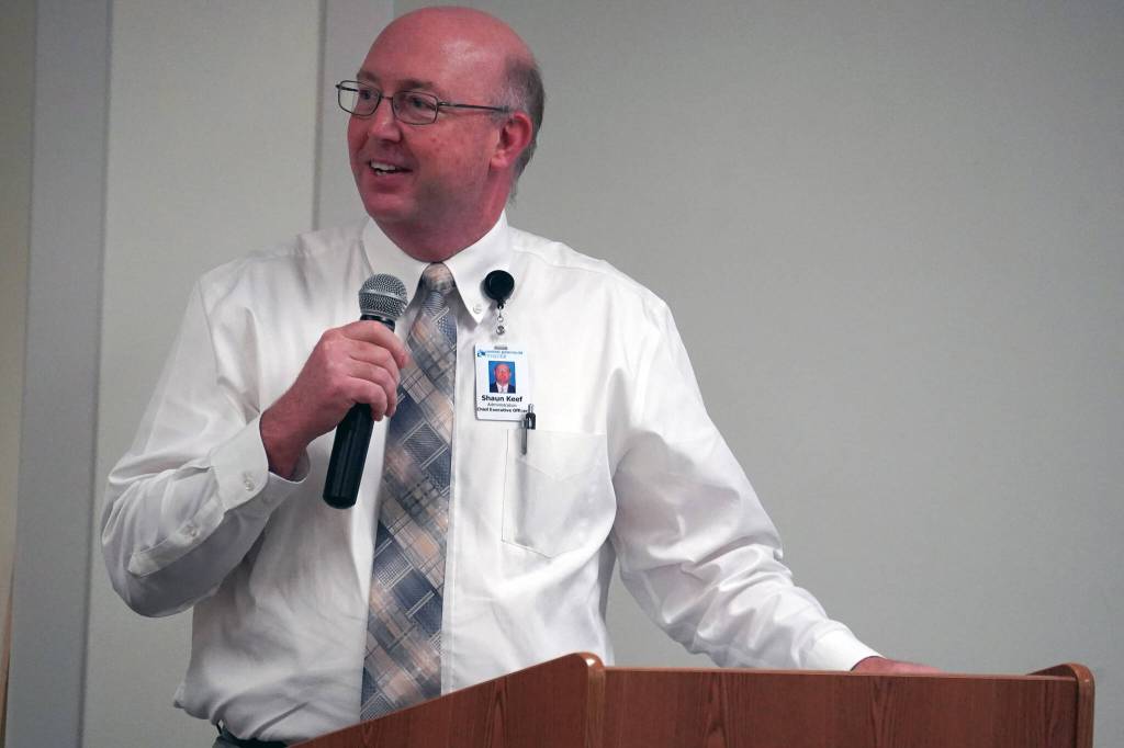 Central Peninsula Hospital CEO Shaun Keef speaks at a Certified Nurse Assistant graduation ceremony at Central Peninsula Hospital in Soldotna, Alaska, on Friday, Aug. 25, 2023. (Jake Dye/Peninsula Clarion)