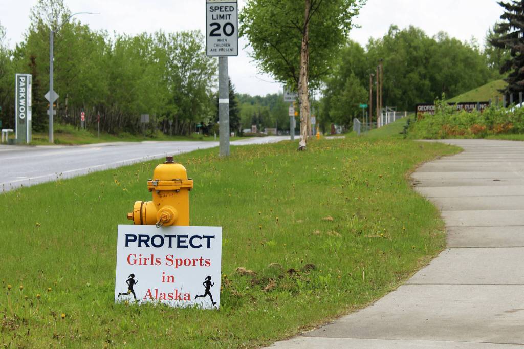 A sign opposing the participation of trans girls in girls sports is propped against a fire hydrant outside of the George A. Navarre Admin Building on Thursday, June 8, 2023, in Soldotna, Alaska. The Alaska Board of Education met in the building to discuss a resolution that would ban trans girls from girls high school sports. (Ashlyn OHara/Peninsula Clarion)