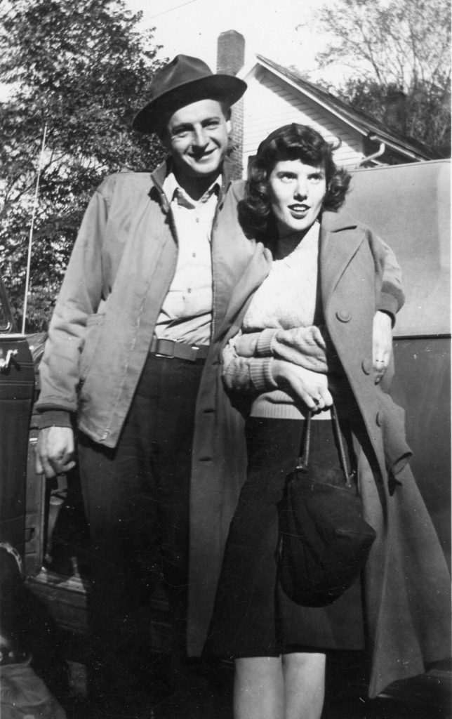 After the war, Larry and Rusty Lancashire share a happy moment for the camera in October 1945. Rusty was about four months pregnant at this time with her second daughter, Lori. (Photo courtesy of the Lancashire Family Collection)