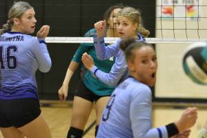 Nikiski's Alexa Iyatunguk watches her kill get past Soldotna's Abygale Schaeffer, Sarah Brown and Athena Rossiter on Thursday, Aug. 31, 2023, at Nikiski Middle-High School in Nikiski, Alaska. (Photo by Jeff Helminiak/Peninsula Clarion)