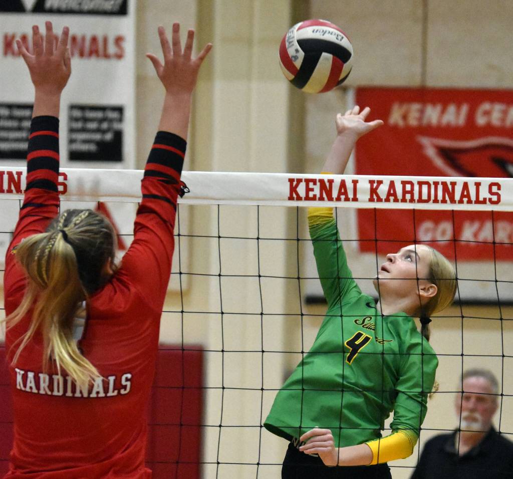 Sewards Makena DesErmia attacks against Kenai Centrals Emma Beck on Tuesday, Sept. 5, 2023, at Kenai Central High School in Kenai, Alaska. (Photo by Jeff Helminiak/Peninsula Clarion)