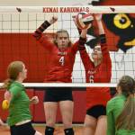 Kenai Centrals Avia Miller and Stella Selanoff block against Seward on Tuesday, Sept. 5, 2023, at Kenai Central High School in Kenai, Alaska. (Photo by Jeff Helminiak/Peninsula Clarion)