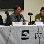 Teea Winger, Henry Knackstedt and Phil Daniel participate in a Kenai City Council candidate forum at the Kenai Community Library in Kenai, Alaska, on Thursday, Sept. 7, 2023. (Jake Dye/Peninsula Clarion)