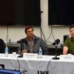 Teea Winger, Henry Knackstedt and Phil Daniel participate in a Kenai City Council candidate forum at the Kenai Community Library in Kenai, Alaska, on Thursday, Sept. 7, 2023. (Jake Dye/Peninsula Clarion)