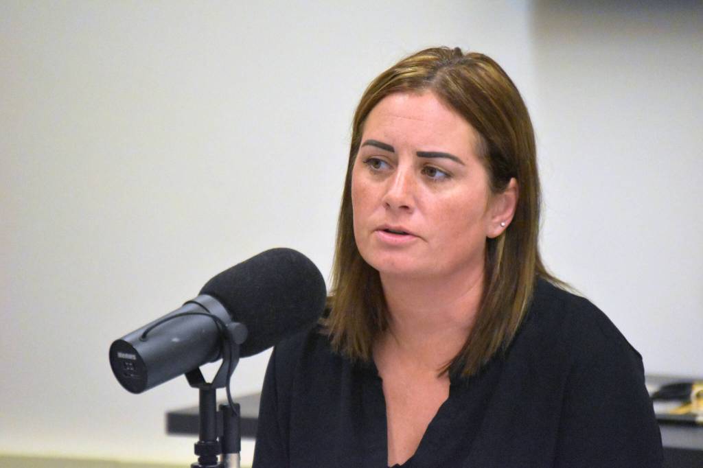 Teea Winger participates in a Kenai City Council candidate forum at the Kenai Community Library in Kenai, Alaska, on Thursday, Sept. 7, 2023. (Jake Dye/Peninsula Clarion)
