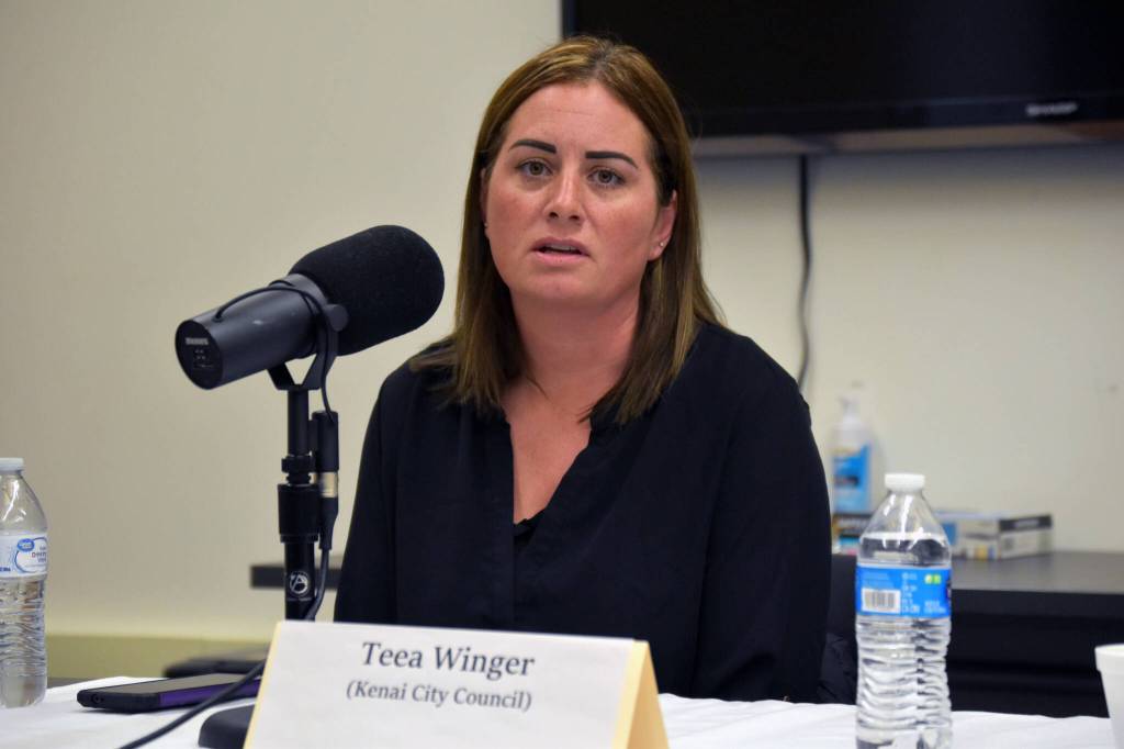 Teea Winger participates in a Kenai City Council candidate forum at the Kenai Community Library in Kenai, Alaska, on Thursday, Sept. 7, 2023. (Jake Dye/Peninsula Clarion)