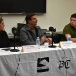 Teea Winger, Henry Knackstedt and Phil Daniel participate in a Kenai City Council candidate forum at the Kenai Community Library in Kenai, Alaska, on Thursday, Sept. 7, 2023. (Jake Dye/Peninsula Clarion)