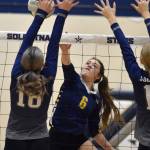 Homers Alexandra Casey attacks against Soldotnas Abygale Schaeffer on Thursday, Sept. 7, 2023, at Soldotna High School in Soldotna, Alaska. (Photo by Jeff Helminiak/Peninsula Clarion)