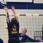 Soldotnas Abygale Schaeffer attacks against Homers Rebecca Trowbridge on Thursday, Sept. 7, 2023, at Soldotna High School in Soldotna, Alaska. (Photo by Jeff Helminiak/Peninsula Clarion)