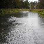 Water runs over Big Eddy Road in Soldotna, Alaska, on Tuesday, Sept. 12, 2023. (Jake Dye/Peninsula Clarion)