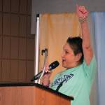 Cindy Harris speaks ahead of the Walk to End Alzheimers at the Soldotna Regional Sports Complex in Soldotna, Alaska, on Saturday, Sept. 16, 2023. (Jake Dye/Peninsula Clarion)