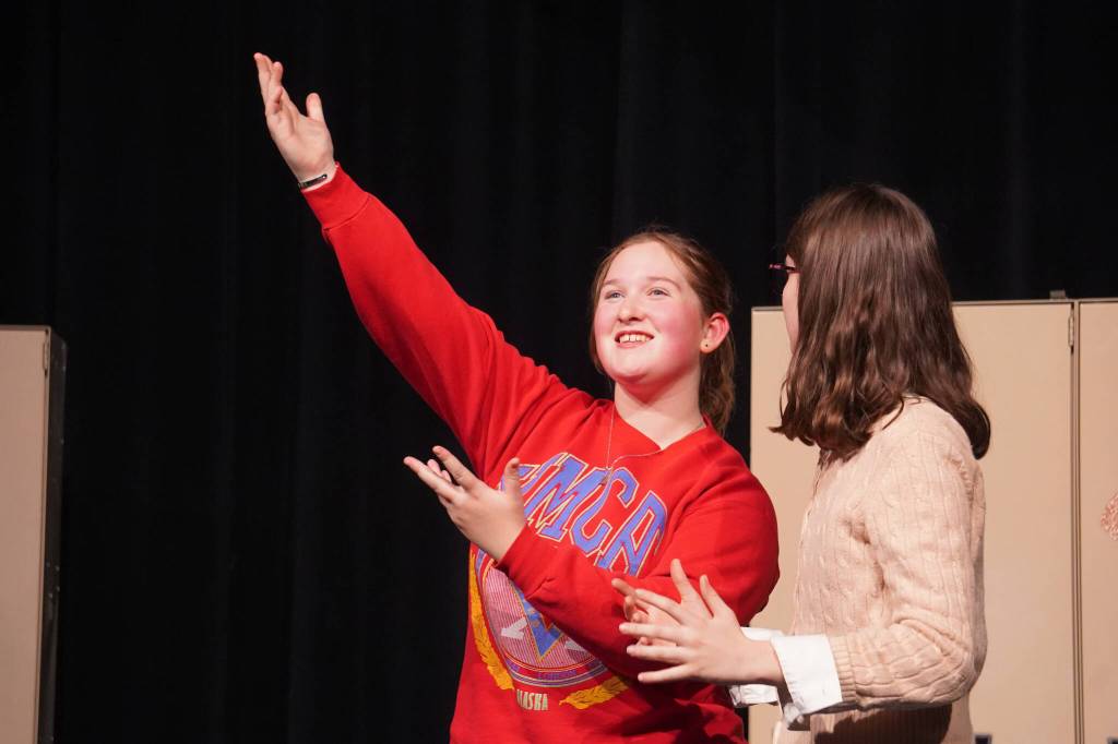 Lily Craig and Rainy Jenness rehearse Lockers at Nikiski Middle/High School in Nikiski, Alaska, on Tuesday, Sept. 19, 2023. (Jake Dye/Peninsula Clarion)