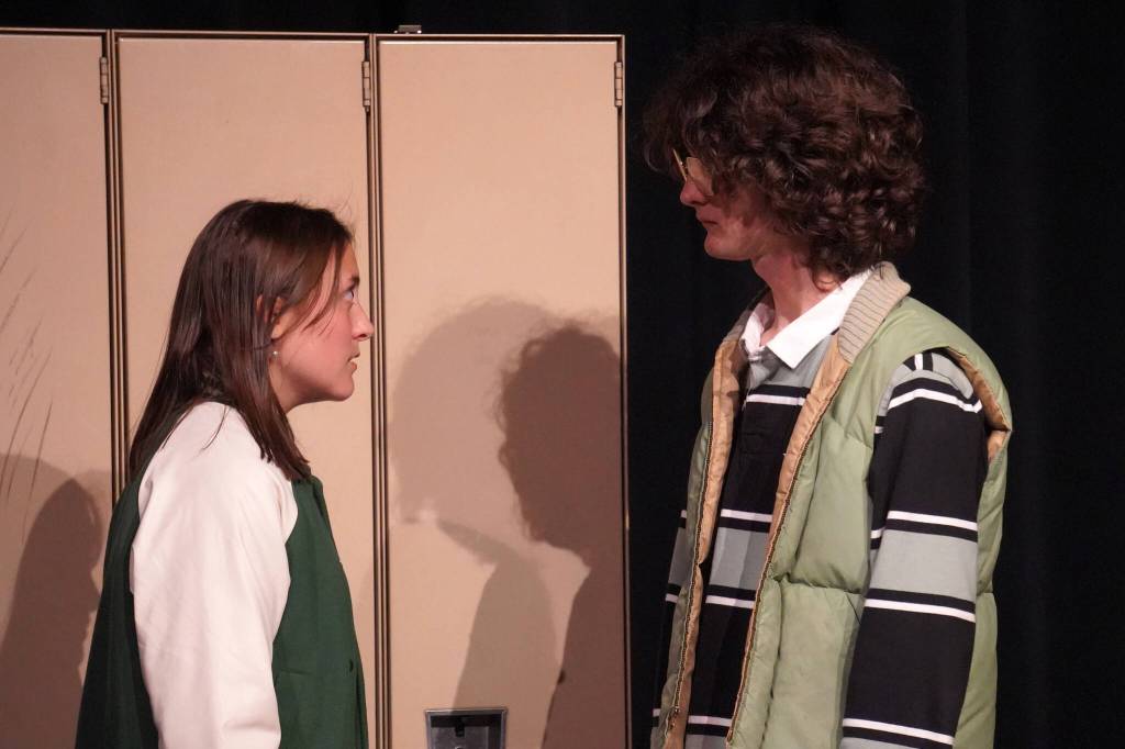 Sophia Micciche and Kincaid Jenness rehearse Lockers at Nikiski Middle/High School in Nikiski, Alaska, on Tuesday, Sept. 19, 2023. (Jake Dye/Peninsula Clarion)