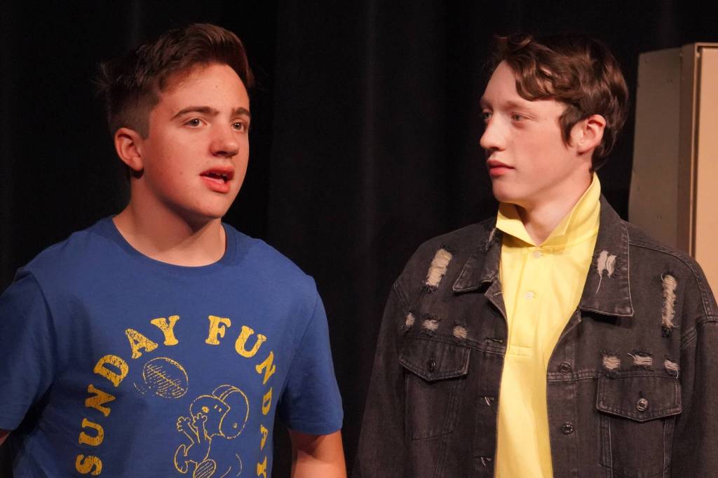 Jackson Hooper and Jack Meyers rehearse Lockers at Nikiski Middle/High School in Nikiski, Alaska, on Tuesday, Sept. 19, 2023. (Jake Dye/Peninsula Clarion)