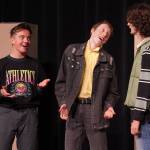 Jackson Hooper, Jack Meyers and Kincaid Jenness rehearse Lockers at Nikiski Middle/High School in Nikiski, Alaska, on Tuesday, Sept. 19, 2023. (Jake Dye/Peninsula Clarion)
