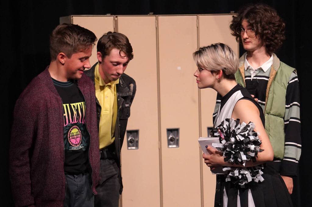 Jackson Hooper, Jack Meyers, Kry Spurgeon and Kincaid Jenness rehearse Lockers at Nikiski Middle/High School in Nikiski, Alaska, on Tuesday, Sept. 19, 2023. (Jake Dye/Peninsula Clarion)