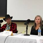 Brad Snowden and Julie Crites participate in a Seward City Council candidate forum at the Seward Community Library in Seward, Alaska, on Thursday, Sept. 21, 2023. (Jake Dye/Peninsula Clarion)