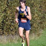 Homers Johannes Bynagle finishes second in the Kenai Peninsula Borough boys varsity race Thursday, Sept. 21, 2023, at Tsalteshi Trails just outside of Soldotna, Alaska. (Photo by Jeff Helminiak/Peninsula Clarion)