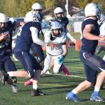 Soldotnas Wyatt Faircloth follows his blockers against Chugiak on Friday, Sept. 22, 2023, at Justin Maile Field at Soldotna High School in Soldotna, Alaska. (Photo by Jeff Helminiak/Peninsula Clarion)