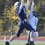 Soldotnas Andrew Pieh intercepts a pass intended for Chugiaks Kaden Lockwood on Friday, Sept. 22, 2023, at Justin Maile Field at Soldotna High School in Soldotna, Alaska. (Photo by Jeff Helminiak/Peninsula Clarion)