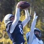 Soldotna's Andrew Pieh intercepts a pass intended for Chugiak's Kaden Lockwood on Friday, Sept. 22, 2023, at Justin Maile Field at Soldotna High School in Soldotna, Alaska. (Photo by Jeff Helminiak/Peninsula Clarion)