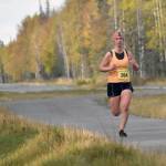 Elizabeth Roedl of Homer runs in the womens half marathon at the Kenai River Marathon on Sunday, Sept. 24, 2023, in Kenai, Alaska. Roedl finished second. (Photo by Jeff Helminiak/Peninsula Clarion)