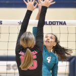 Nikiskis Alexa Iyatunguk attacks against Soldotnas Abygale Schaeffer on Thursday, Sept. 28, 2023, at Soldotna High School in Soldotna, Alaska. (Photo by Jeff Helminiak/Peninsula Clarion)