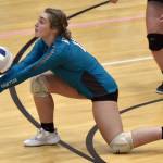Nikiskis Evelyn Reichert digs up a ball against Soldotna on Thursday, Sept. 28, 2023, at Soldotna High School in Soldotna, Alaska. (Photo by Jeff Helminiak/Peninsula Clarion)