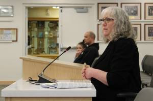Kenai Peninsula Borough School District Board Member Debbie Cary speaks during a meeting of the Kenai Peninsula Borough Assembly on Tuesday, April 5, 2022, in Soldotna, Alaska. Cary also served on the boroughs reapportionment board. (Ashlyn OHara/Peninsula Clarion)