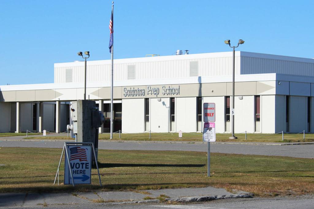 Signage directs voters on election day at Soldotna Prep School on Tuesday, Oct. 3, 2023, in Soldotna, Alaska. (Ashlyn OHara/Peninsula Clarion)
