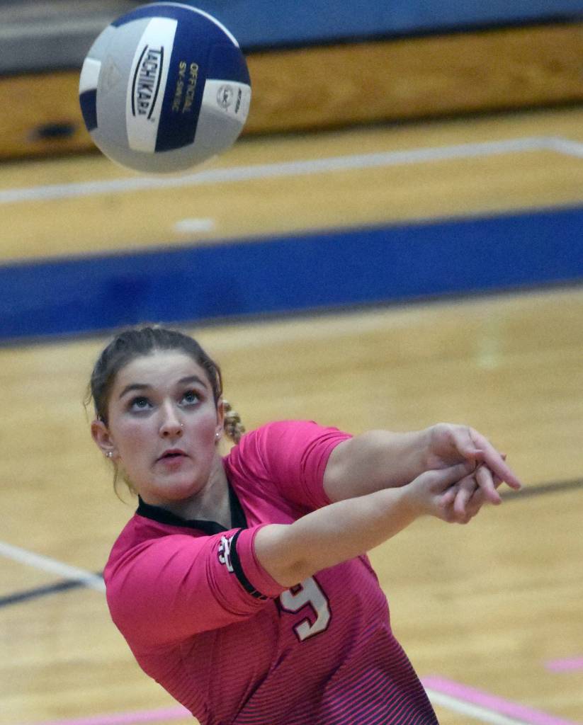 Kenai Centrals Camilla Gonzalez digs up a ball against Soldotna on Tuesday, Oct. 3, 2023, at Soldotna High School in Soldotna, Alaska. (Photo by Jeff Helminiak/Peninsula Clarion)
