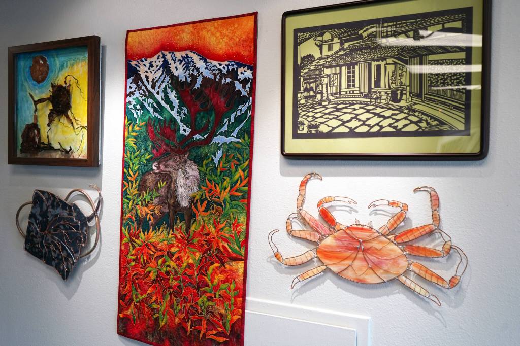 Several pieces included in the Biennial Judged Show are seen at Kenai Art Center in Kenai, Alaska, on Wednesday, Oct. 4, 2023. (Jake Dye/Peninsula Clarion)