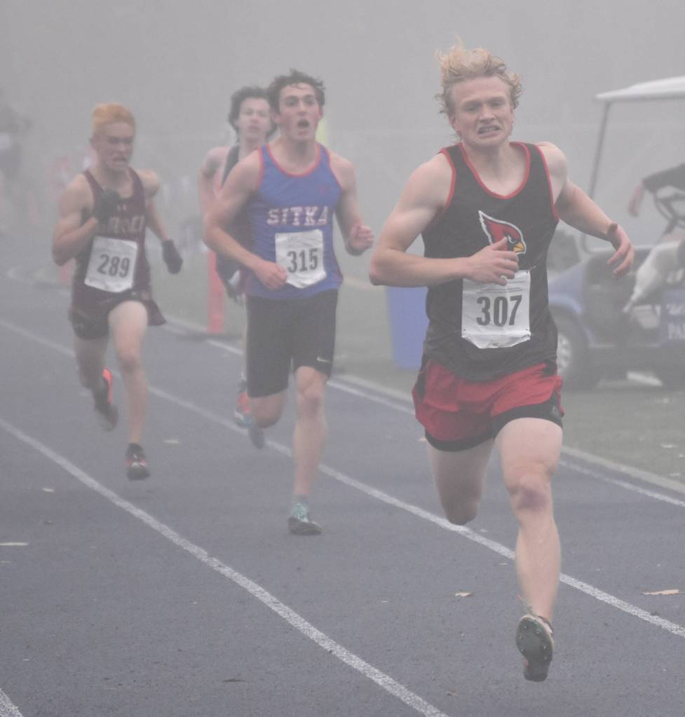 Kenai Centrals Jack Laker finishes Saturday, Oct. 7, 2023, in the Division II boys state cross-country race at Palmer High School in Palmer, Alaska. (Photo by Jeff Helminiak/Peninsula Clarion)