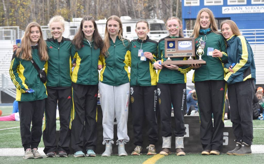 The Seward girls cross-country team won the Division II state title Saturday, Oct. 7, 2023, at Palmer High School in Palmer, Alaska. (Photo by Jeff Helminiak/Peninsula Clarion)