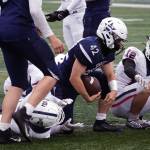 Soldotnas Jaykob Kemp rises after a scoring a touchdown while playing in the Division II semifinal against North Pole at Justin Maile Field in Soldotna, Alaska, on Saturday, Oct. 14, 2023. (Jake Dye/Peninsula Clarion)