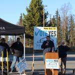 Soldotna Public Works Director Kyle Kornelis addresses attendees at a groundbreaking event for the Soldotna field house project on Friday, Oct. 20, 2023, in Soldotna, Alaska. (Ashlyn OHara/Peninsula Clarion)