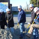 Soldotna city council members, staff and residents break ground on the Soldotna field house project on Friday, Oct. 20, 2023, in Soldotna, Alaska. (Ashlyn OHara/Peninsula Clarion)
