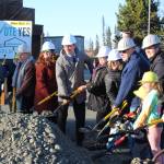 Soldotna city council members, staff and residents break ground on the Soldotna field house project on Friday, Oct. 20, 2023, in Soldotna, Alaska. (Ashlyn OHara/Peninsula Clarion)