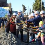 Soldotna city council members, staff and residents break ground on the Soldotna field house project on Friday, Oct. 20, 2023, in Soldotna, Alaska. (Ashlyn OHara/Peninsula Clarion)