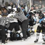A scuffle breaks out between the Wisconsin Windigo and Kenai River Brown Bears on Friday, Oct. 20, 2023, at the Soldotna Regional Sports Complex in Soldotna, Alaska. (Photo by Jeff Helminiak/Peninsula Clarion)