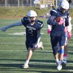 Soldotnas Trevor Michael returns an interception Saturday, Oct. 21, 2023, in the Division II championship game at Service High School in Anchorage, Alaska. (Photo by Jeff Helminiak/Peninsula Clarion)