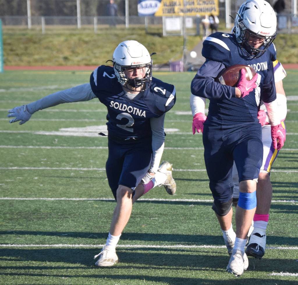 Soldotnas Trevor Michael returns an interception Saturday, Oct. 21, 2023, in the Division II championship game at Service High School in Anchorage, Alaska. (Photo by Jeff Helminiak/Peninsula Clarion)