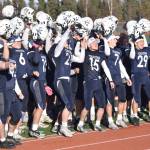 Soldotna celebrates by singing the school song Saturday, Oct. 21, 2023, in the Division II championship game at Service High School in Anchorage, Alaska. (Photo by Jeff Helminiak/Peninsula Clarion)