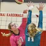 Kenai Centrals Emma Beck attacks Nikiskis Evelyn Reichert on Tuesday, Oct. 24, 2023, at Kenai Central High School in Kenai, Alaska. (Photo by Jeff Helminiak/Peninsula Clarion)