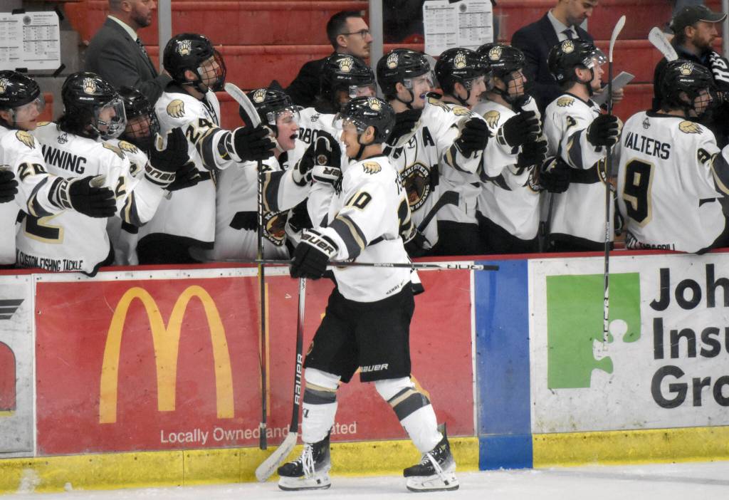 Kenai River Brown Bears forward Kotaro Tsutsumi celebrates the first of his two goals against the Springfield (Illinois) Jr. Blues on Friday, Oct. 27, 2023, at the Soldotna Regional Sports Complex in Soldotna, Alaska. (Photo by Jeff Helminiak/Peninsula Clarion)