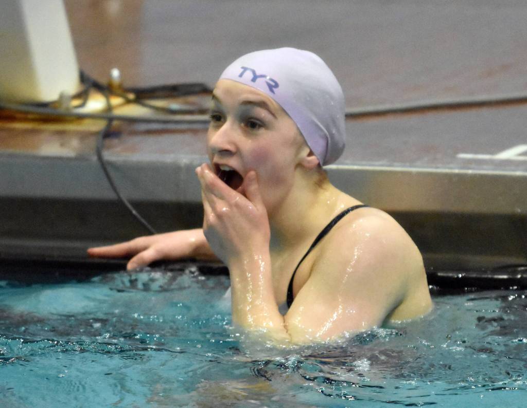 Soldotnas Abriella Werner reacts to winning the diving competition Saturday, Oct. 28, 2023, at the Northern Lights Conference swim meet at Soldotna High School in Soldotna, Alaska. (Photo by Jeff Helminiak/Peninsula Clarion)