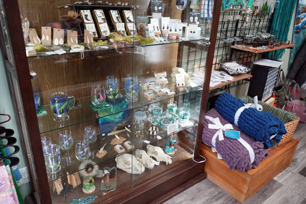 Crafts by Alaska artists are seen at Perfectly Alaskan Creations in Kenai, Alaska, on Tuesday, Oct. 31, 2023. (Jake Dye/Peninsula Clarion)