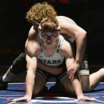 Soldotna's Collin Peck wrestles to victory against South's Gabriel Schumaker at 189 pounds Friday, Nov. 3, 2023, at Soldotna High School in Soldotna, Alaska. (Photo by Jeff Helminiak/Peninsula Clarion)