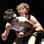 South's Dylan Frawner wrestles to victory against Soldotna's Sam Strouse on Friday, Nov. 3, 2023, at Soldotna High School in Soldotna, Alaska. (Photo by Jeff Helminiak/Peninsula Clarion)
